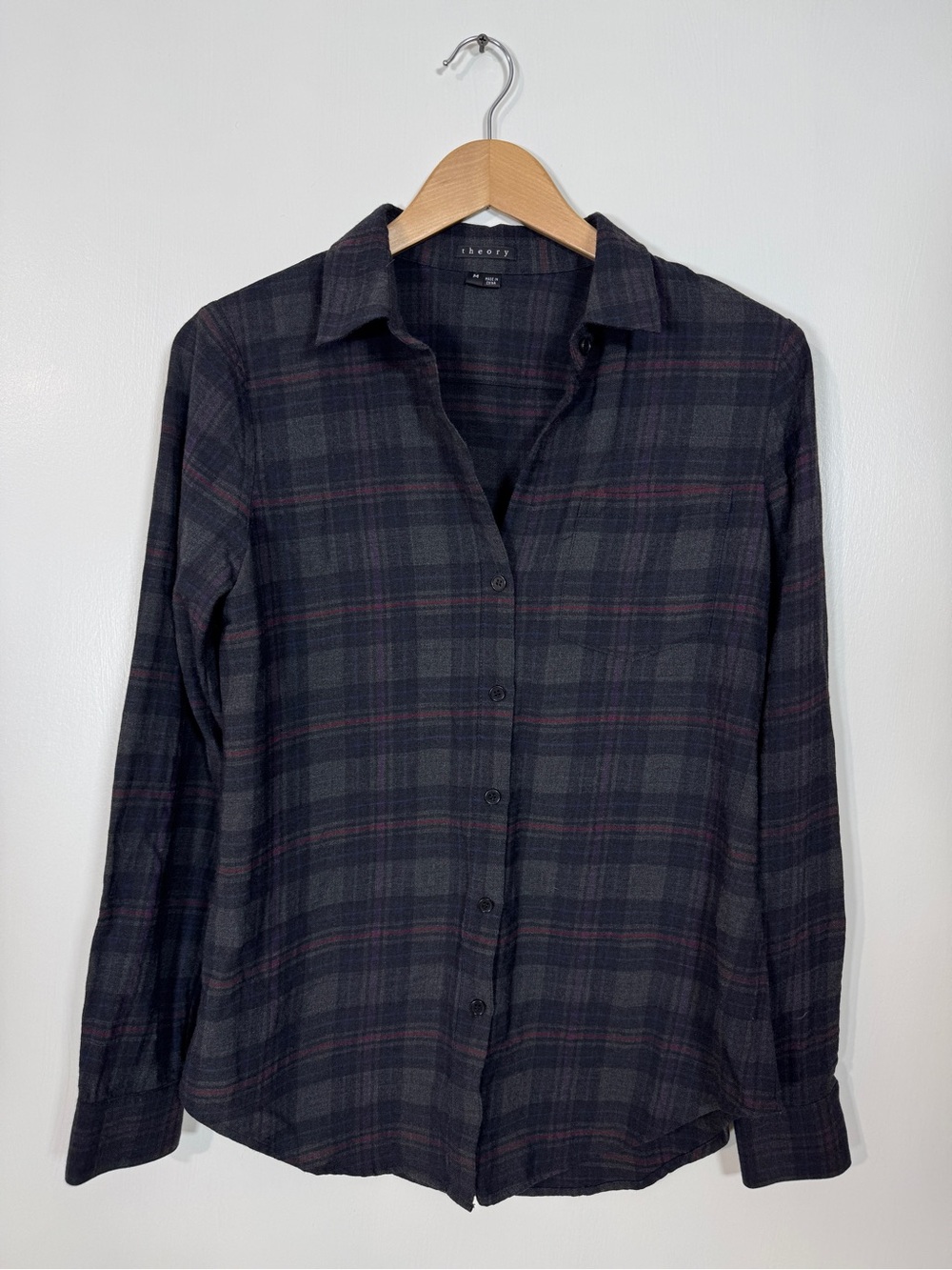 WSH137 {Theory} Gray Black Plaid Virgin Wool Blend Button Down Shirt